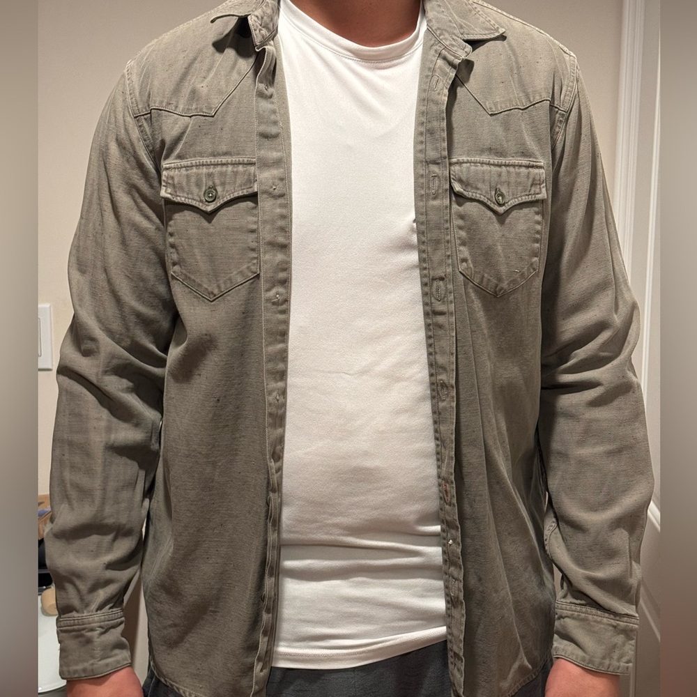 Men’s Original Denim 1975 olive green long sleeve button up shirt